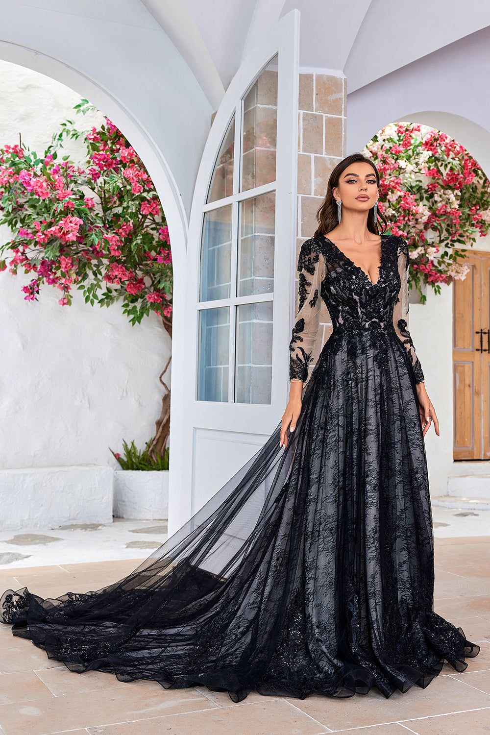 Elegant A Line V Neck Black Long Sleeves Chapel Train Lace Wedding Dress sold by Zapaka product image thumbnail 4