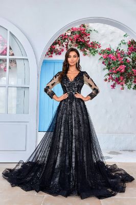 Elegant A Line V Neck Black Long Sleeves Chapel Train Lace Wedding Dress sold by Zapaka