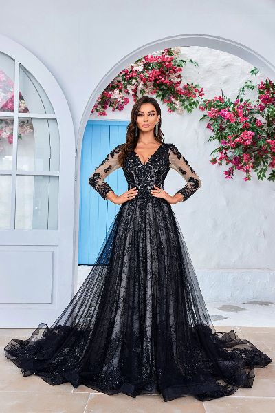 elegant sleeveless dresses LAURILLE / Black Wedding Dress with Long Sleeves main image 1