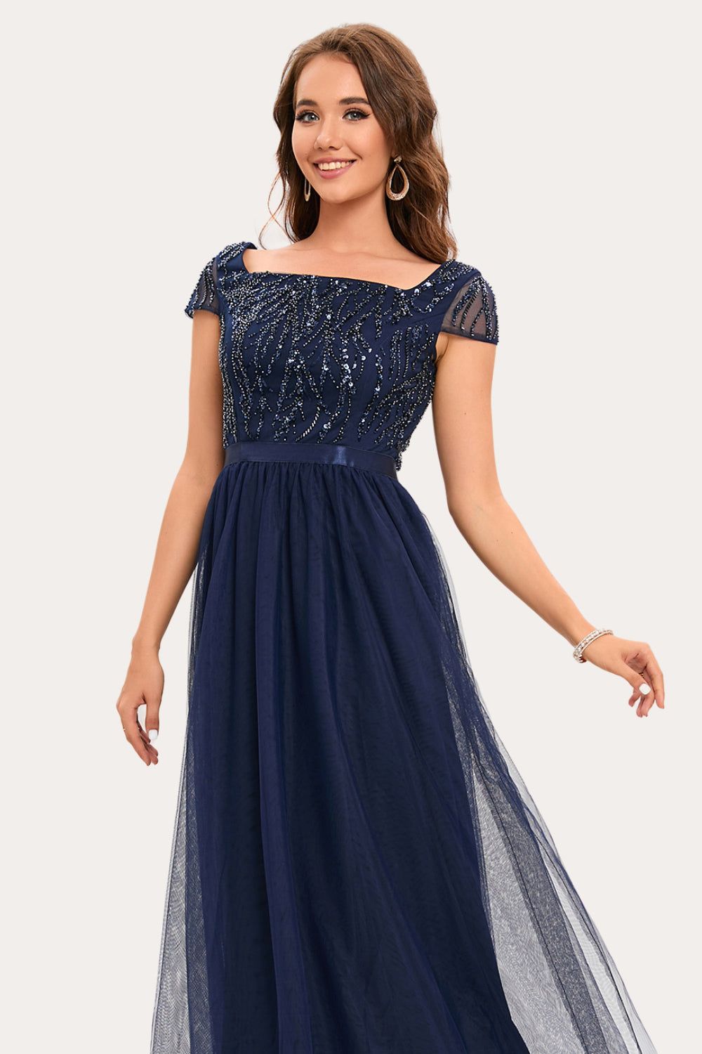 Sparkly Navy Beaded Square Neck Long Tulle Prom Dress sold by Zapaka product image thumbnail 3