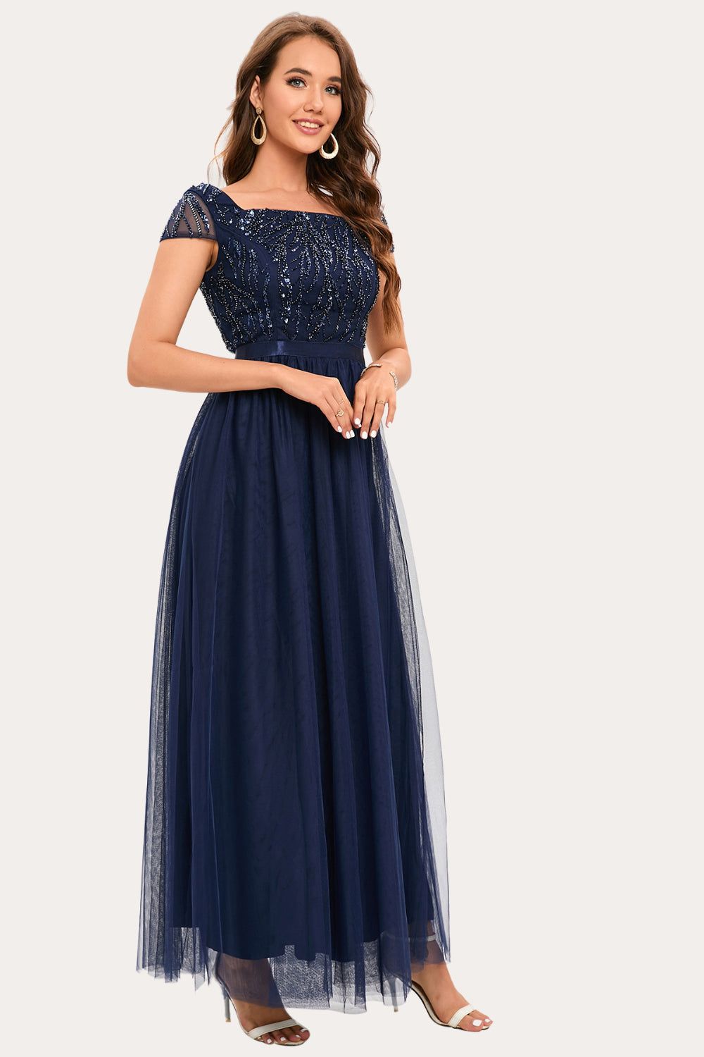 Sparkly Navy Beaded Square Neck Long Tulle Prom Dress sold by Zapaka product image thumbnail 4