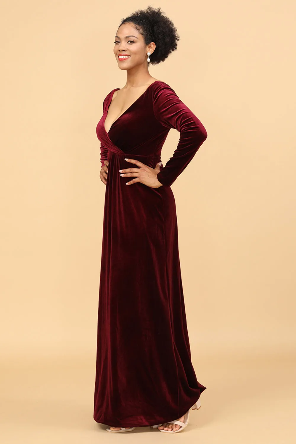 Sheath Burgundy Deep V-Neck Long Sleeves Velvet Bridesmaid Dress sold by Zapaka product image thumbnail 4