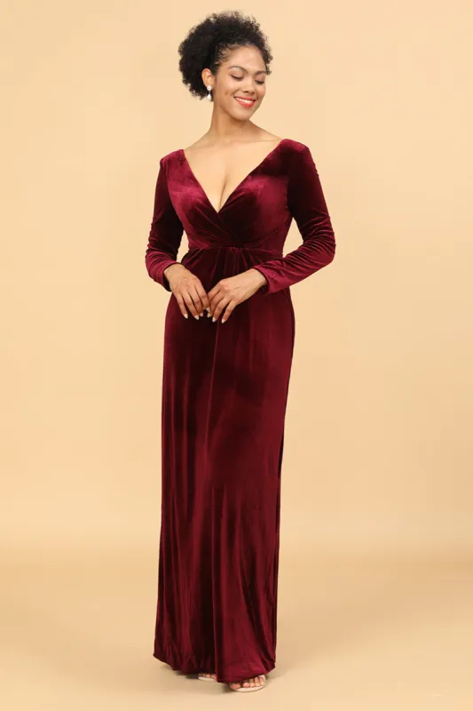 Sheath Burgundy Deep V-Neck Long Sleeves Velvet Bridesmaid Dress sold by Zapaka