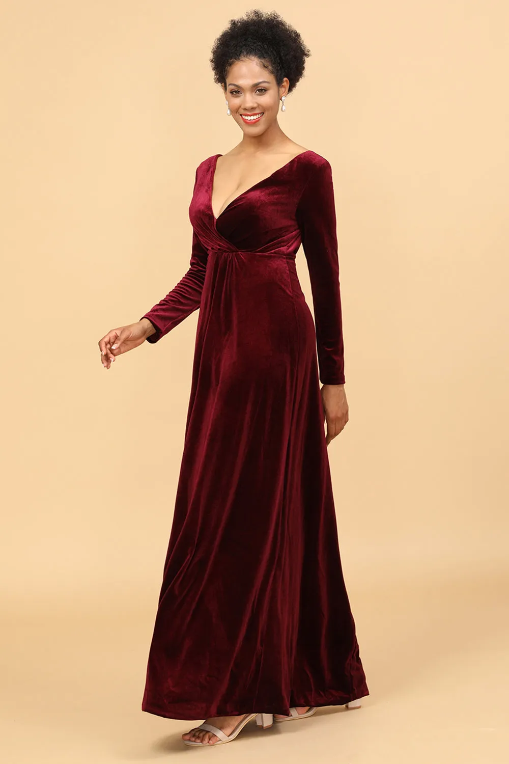 Sheath Burgundy Deep V-Neck Long Sleeves Velvet Bridesmaid Dress sold by Zapaka product image thumbnail 5