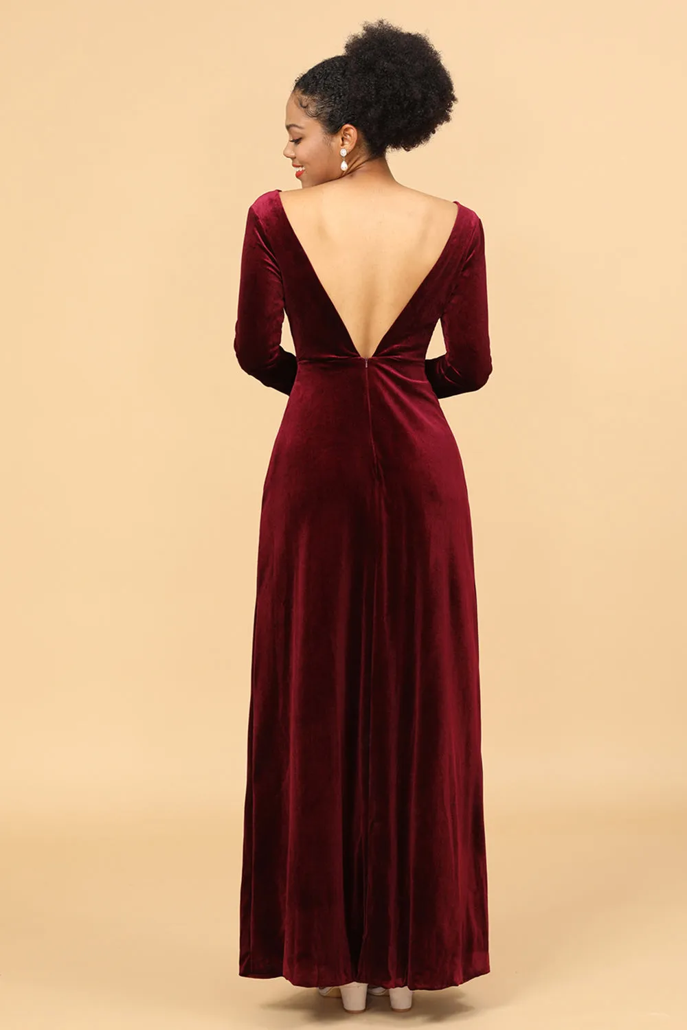 Sheath Burgundy Deep V-Neck Long Sleeves Velvet Bridesmaid Dress sold by Zapaka product image thumbnail 2