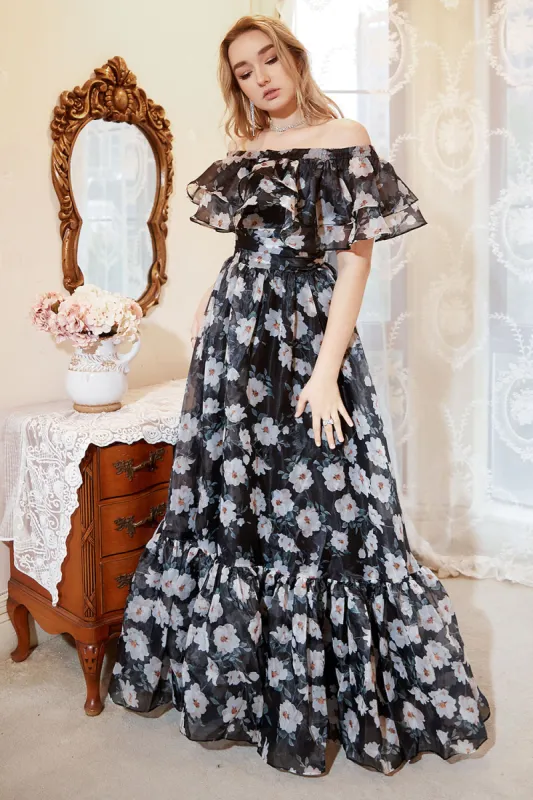 Black Print Off Shoulder Plus Size Prom Dress made by Zapaka