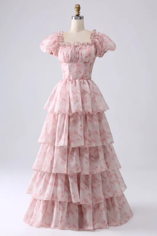 Blush A Line Square Neck Tiered Prom Dress with Ruffles sold by Zapaka