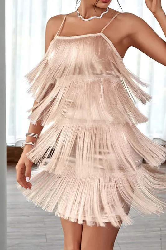 Blush Spaghetti Straps Short Cocktail Party Dress with Fringes sold by Zapaka