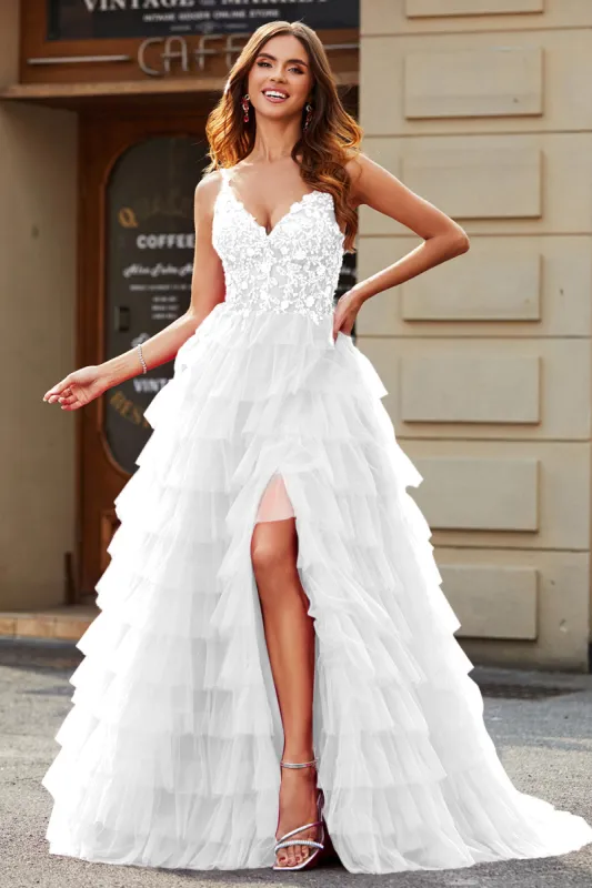 A-Line Spaghetti Straps White Tiered Wedding Dress with Slit sold by Zapaka
