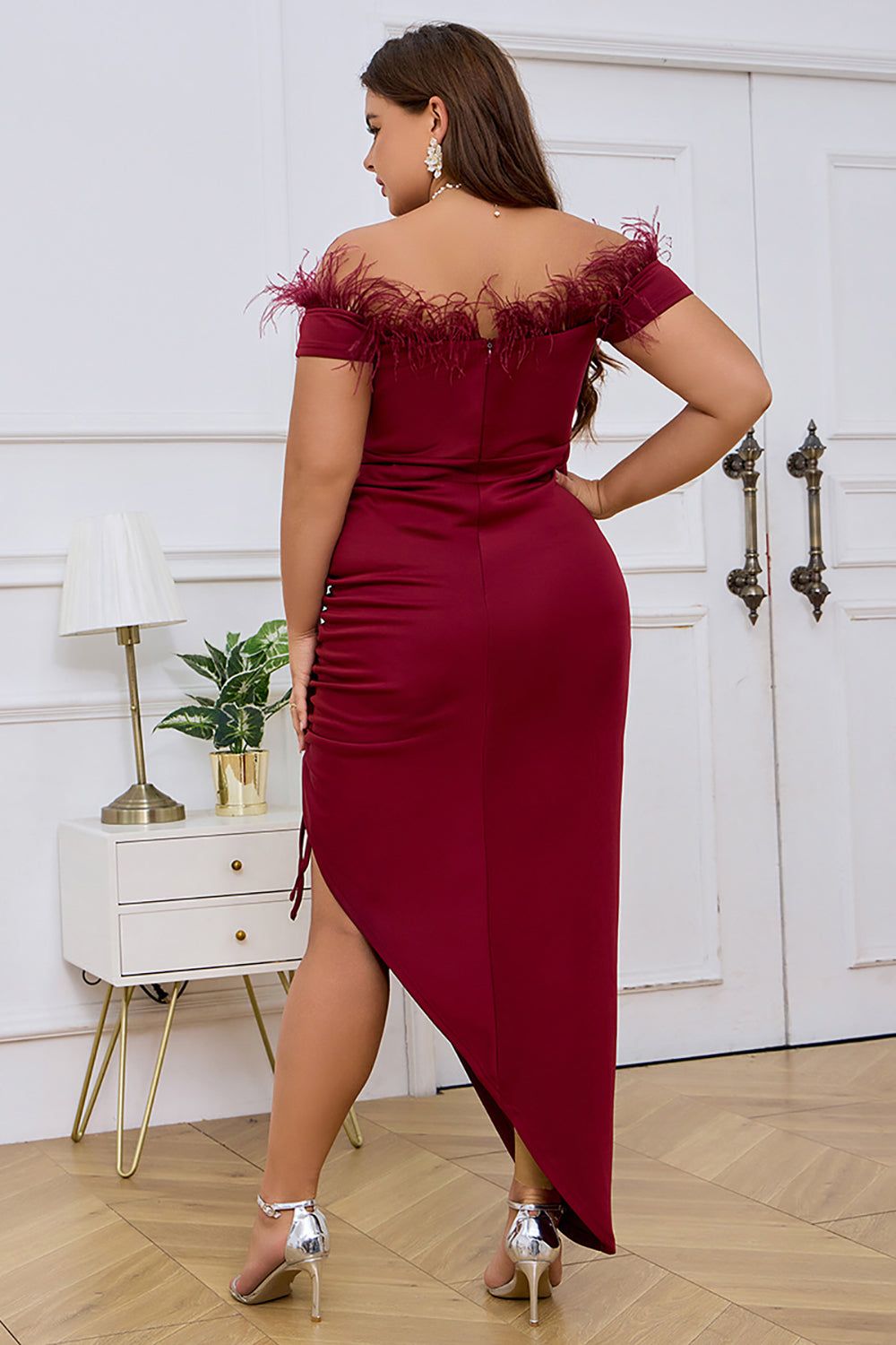 Burgundy Off the Shoulder Bodycon Pleated Feather Formal Dress sold by Zapaka product image thumbnail 2