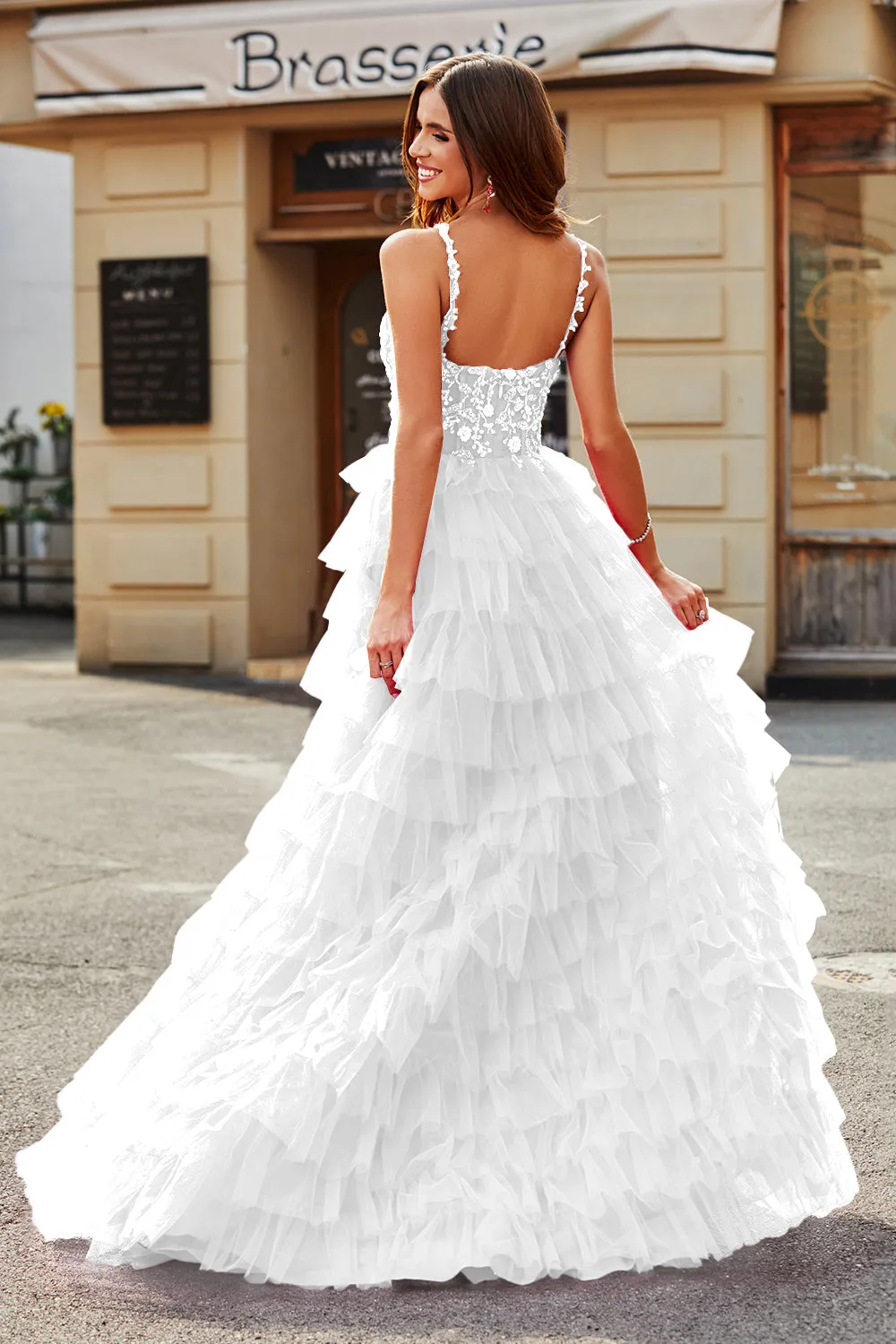 A-Line Spaghetti Straps White Tiered Wedding Dress with Slit sold by Zapaka product image thumbnail 2