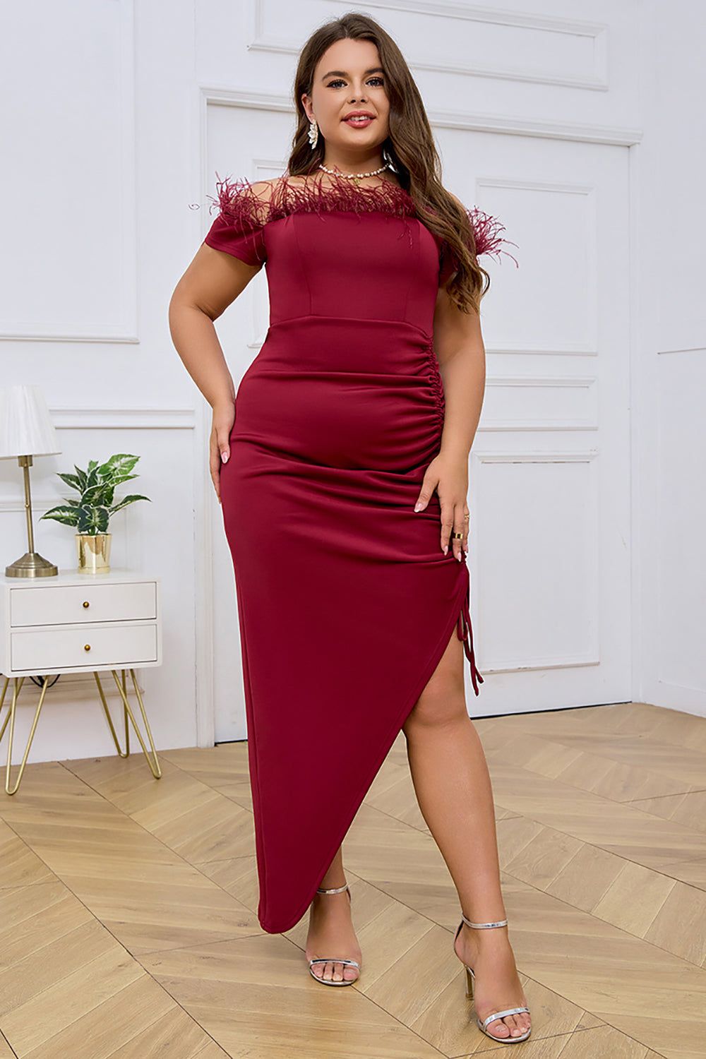 Burgundy Off the Shoulder Bodycon Pleated Feather Formal Dress sold by Zapaka product image thumbnail 4