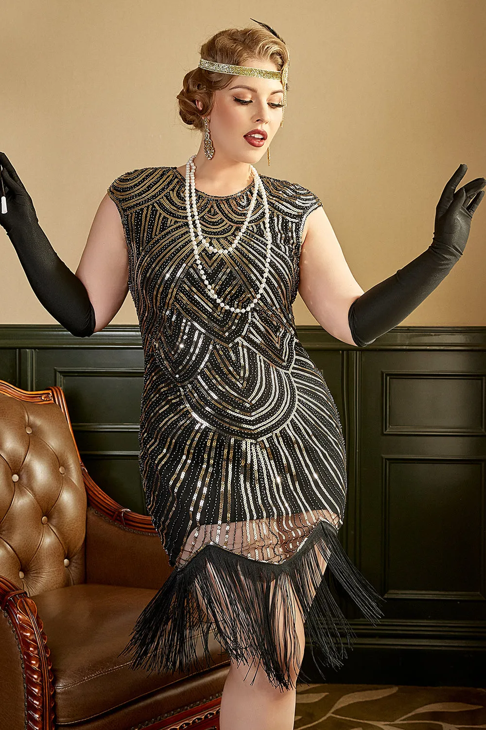Golden Sequins 1920s Plus Size Dress with Fringes sold by Zapaka product image thumbnail 3