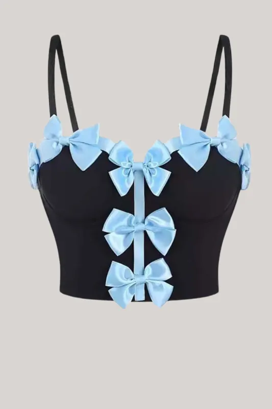 Black Spaghetti Straps Corset Bustier Top with Blue Bows sold by Zapaka