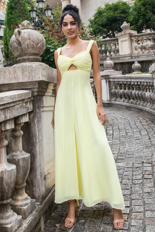 Lemon Yellow A Line Keyhole Long Bridesmaid Dress with Slit sold by Zapaka