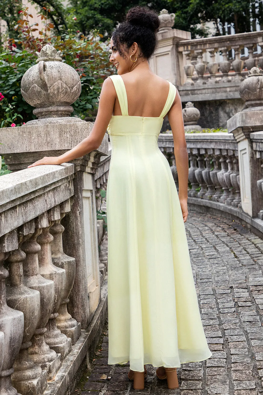 Lemon Yellow A Line Keyhole Long Bridesmaid Dress with Slit sold by Zapaka product image thumbnail 2
