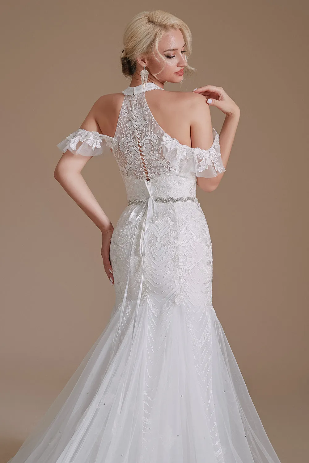 White Mermaid Halter Sweep Train Wedding Dress with Lace sold by Zapaka product image thumbnail 4