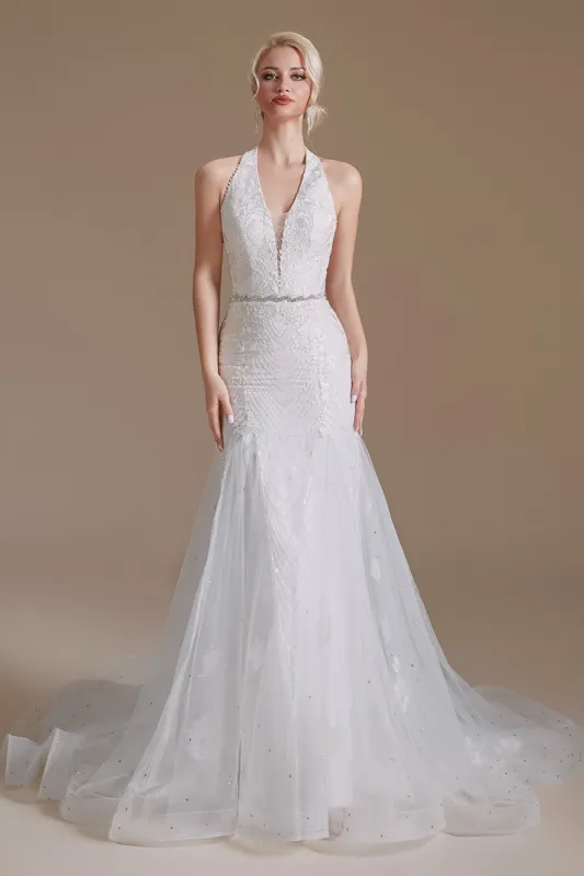 White Mermaid Halter Sweep Train Wedding Dress with Lace sold by Zapaka