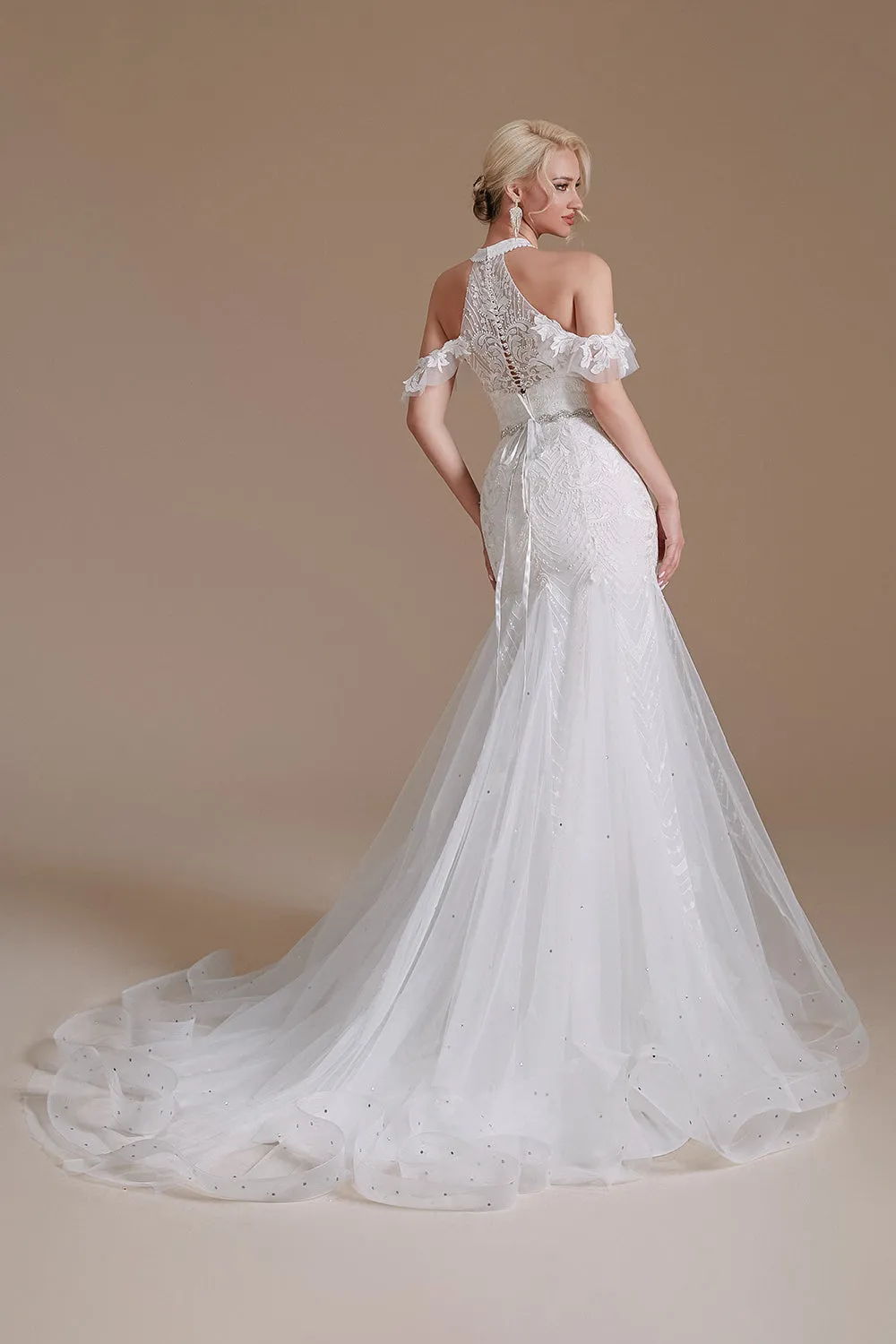 White Mermaid Halter Sweep Train Wedding Dress with Lace sold by Zapaka product image thumbnail 2