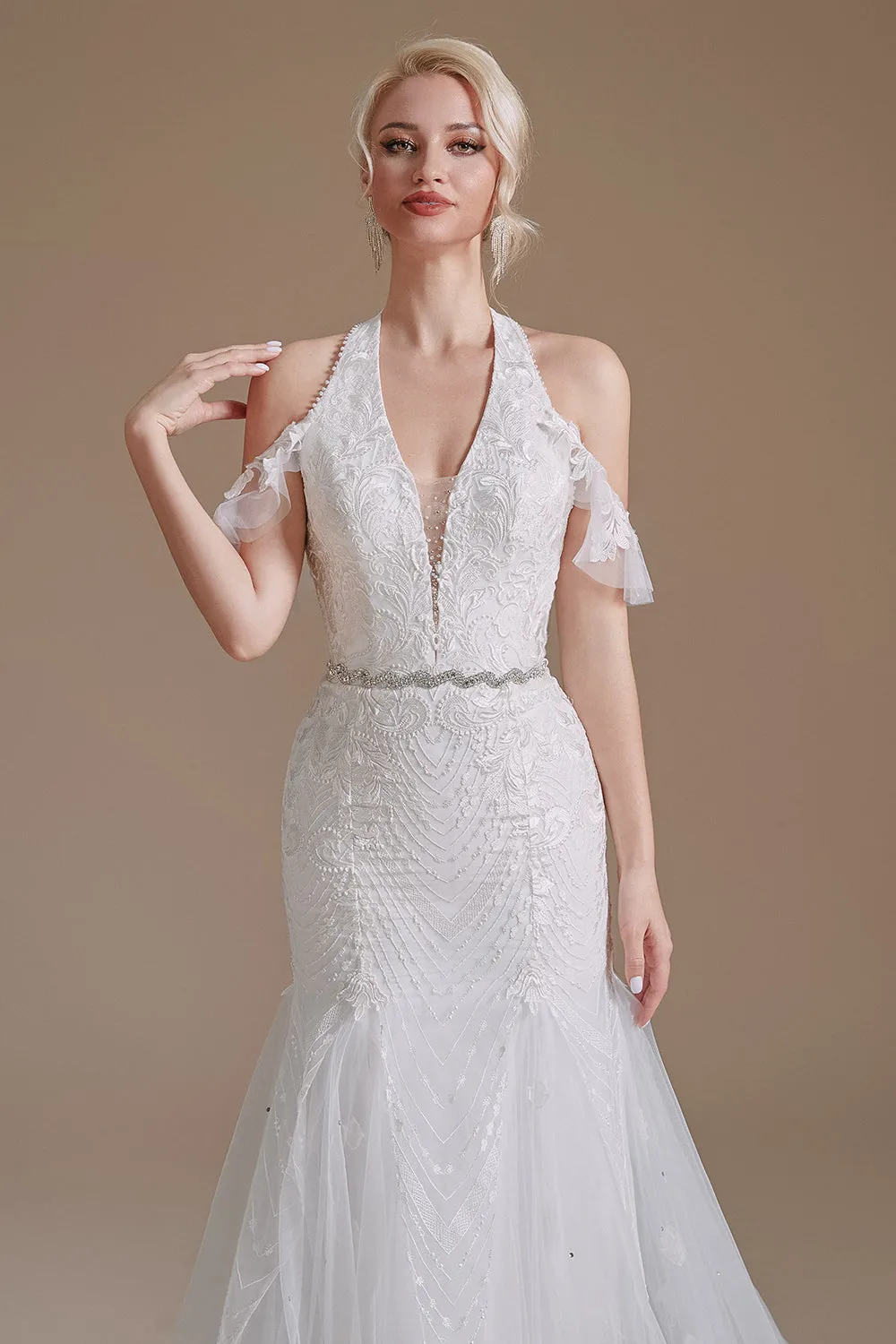 White Mermaid Halter Sweep Train Wedding Dress with Lace sold by Zapaka product image thumbnail 3