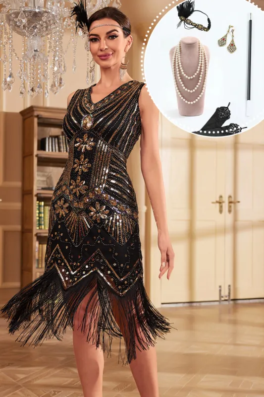 Black Golden Midi Fringed Sequins 1920s Dress with Accessories Set sold by Zapaka