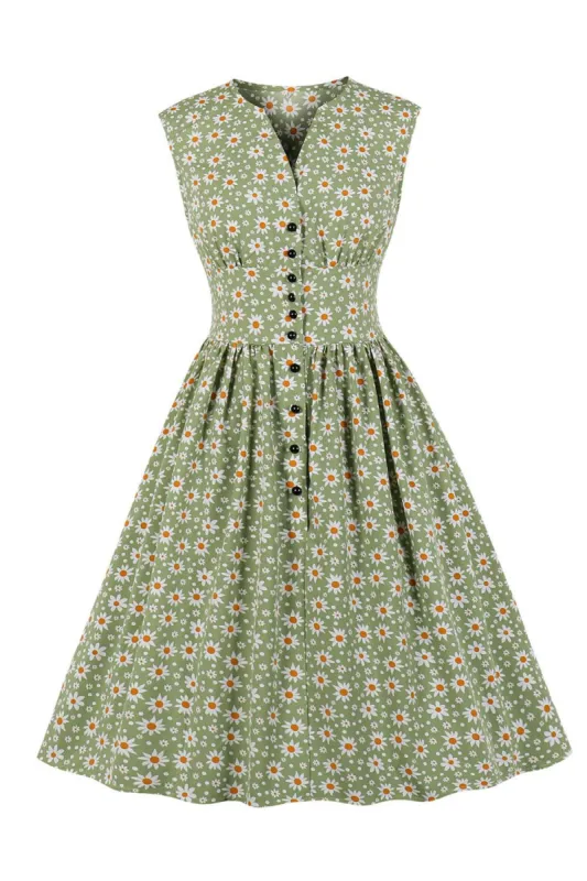 V-Neck Flowral Green Vintage Dress with Floral sold by Zapaka