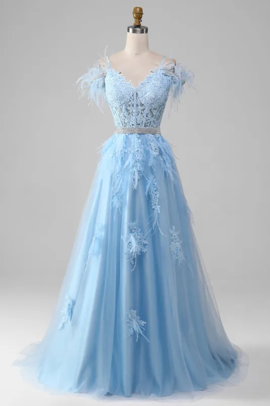Light Blue A-Line Rhinestones Accents Corset Prom Dress With Appliques sold by Zapaka