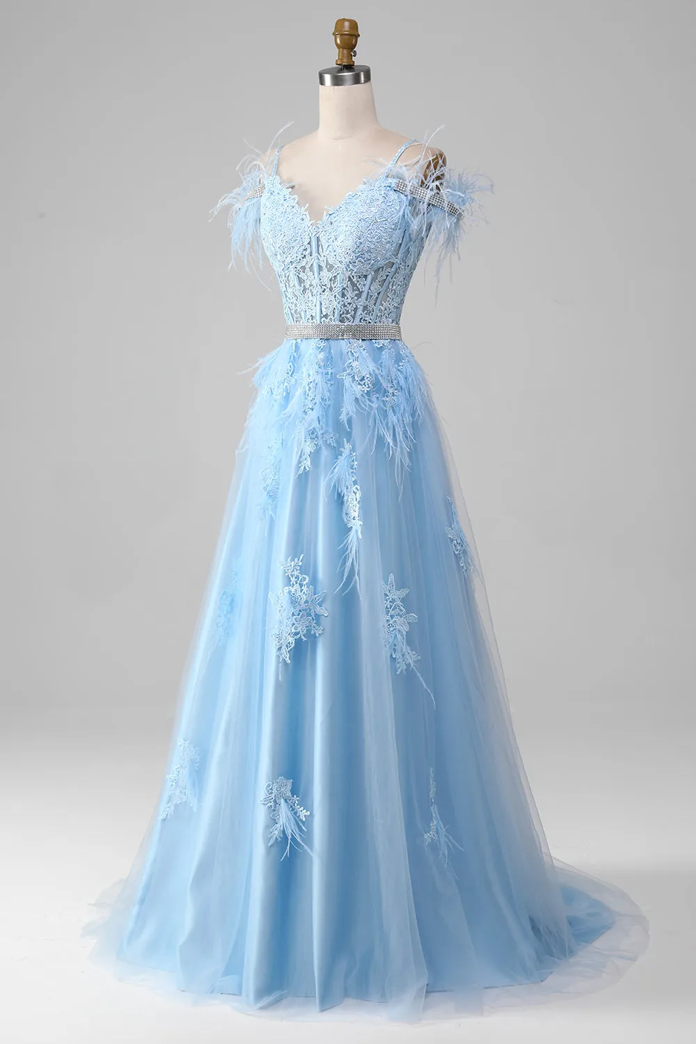 Light Blue A-Line Rhinestones Accents Corset Prom Dress With Appliques sold by Zapaka product image thumbnail 3