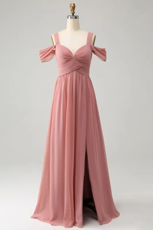 Chiffon Red A Line Spaghetti Straps Pleated Bridesmaid Dress with Slit sold by Zapaka