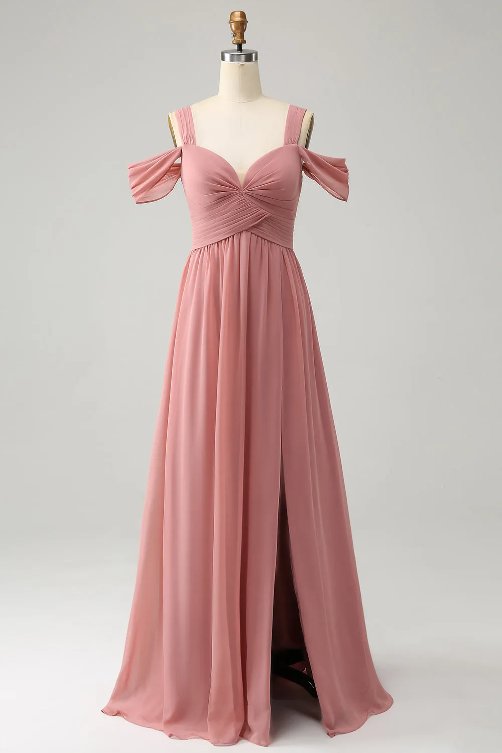 Chiffon Red A Line Spaghetti Straps Pleated Bridesmaid Dress with Slit sold by Zapaka