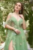 A-Line V-Neck Spaghetti Straps Embroidery Green Long Prom Dress with Slit sold by Zapaka