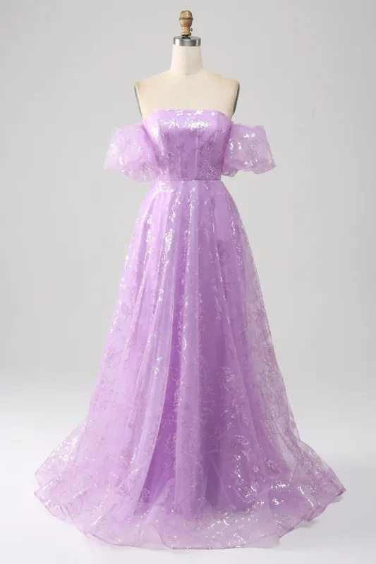 Lilac A Line Strapless Sparkly Sequin Long Prom Dress sold by Zapaka