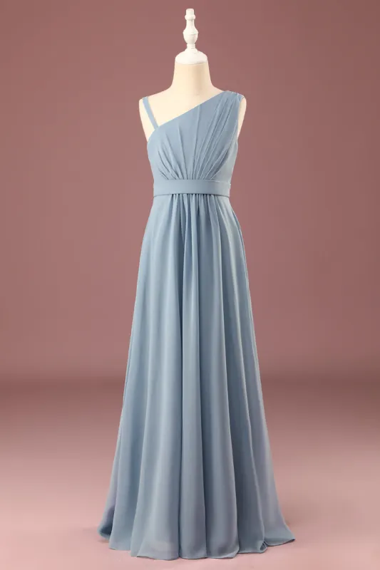 Dusty Blue One Shoulder A-line Chiffon Pleated Floor Length Junior Bridesmaid Dress sold by Zapaka