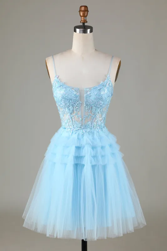 Blue Glitter A Line Cute Homecoming Dress with Appliques sold by Zapaka
