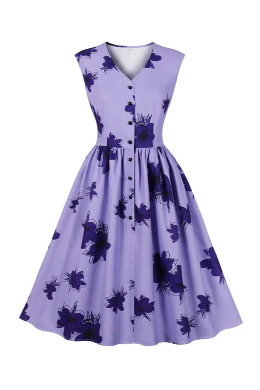 V-Neck Sleeveless Printed Purple Vintage Dress with Button sold by Zapaka