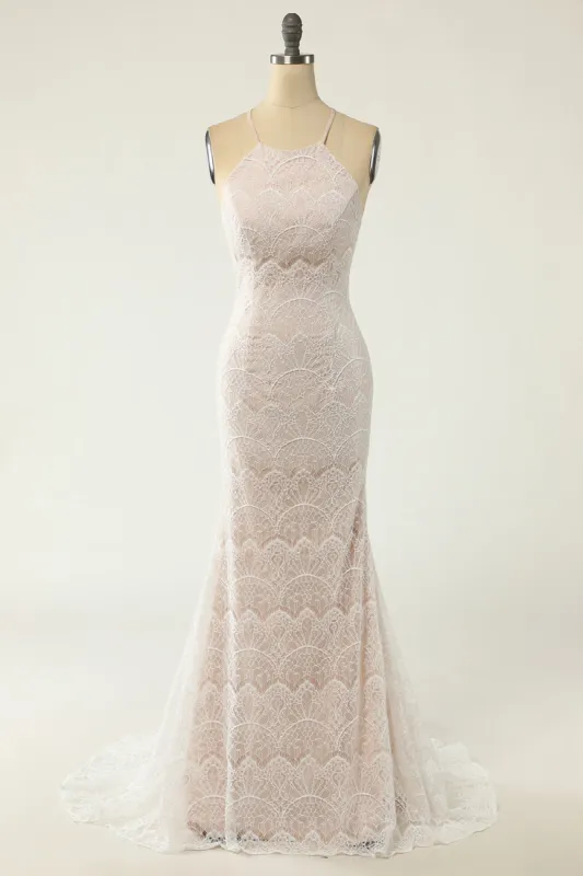 Mermaid Halter White Lace Wedding Dress with Sweep Train sold by Zapaka
