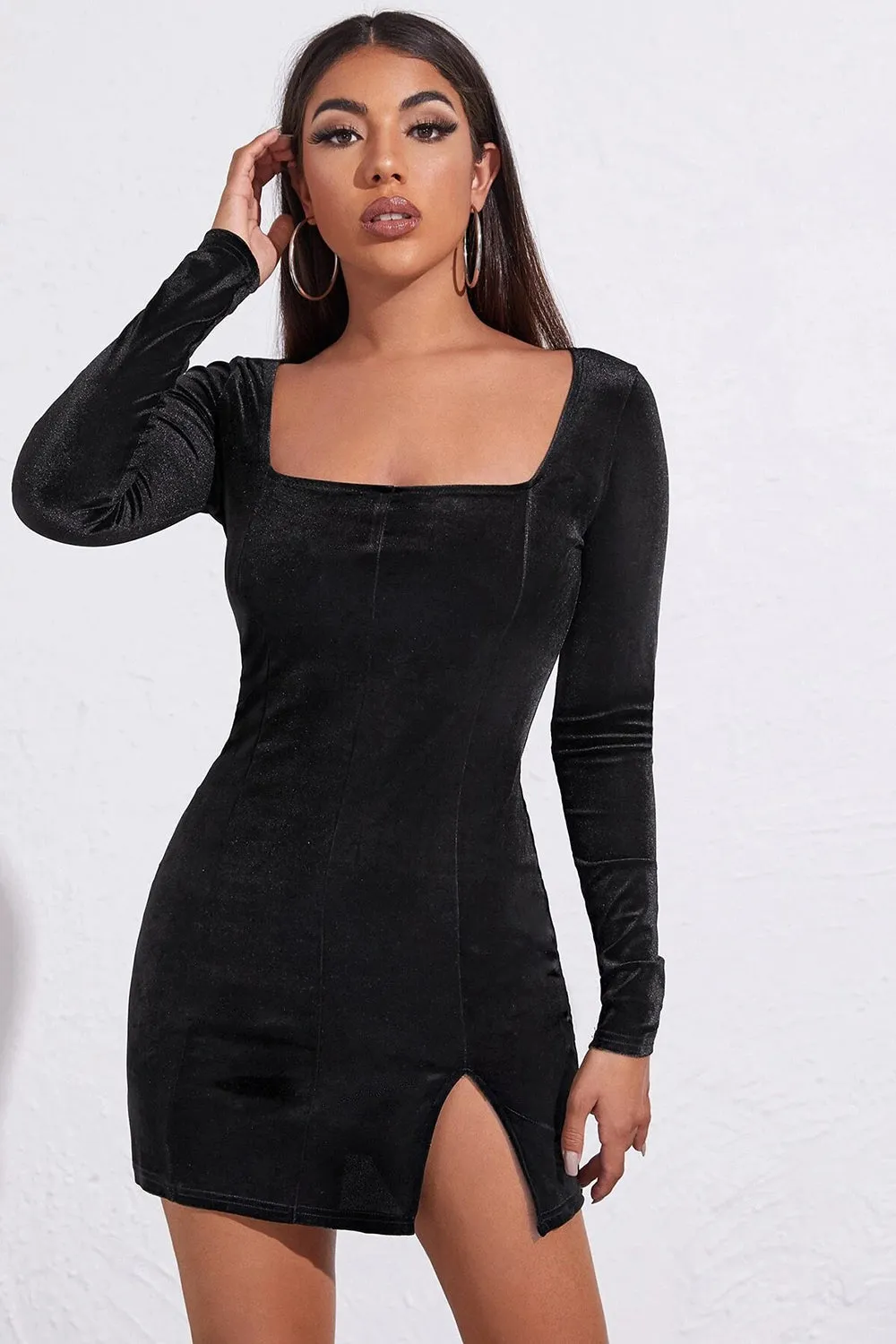 Long Sleeves Velvet Little Black Dress with Slit sold by Zapaka