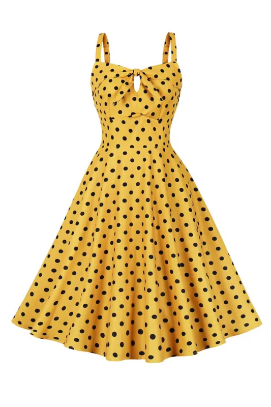 Spaghetti Straps Polka Dots Yellow 1950s Dress sold by Zapaka