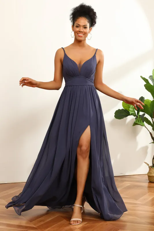 Dusty Blue Ruched Long Chiffon Bridesmaid Dress with Slit sold by Zapaka