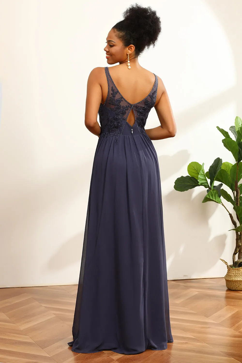 Dusty Blue Ruched Long Chiffon Bridesmaid Dress with Slit sold by Zapaka product image thumbnail 2