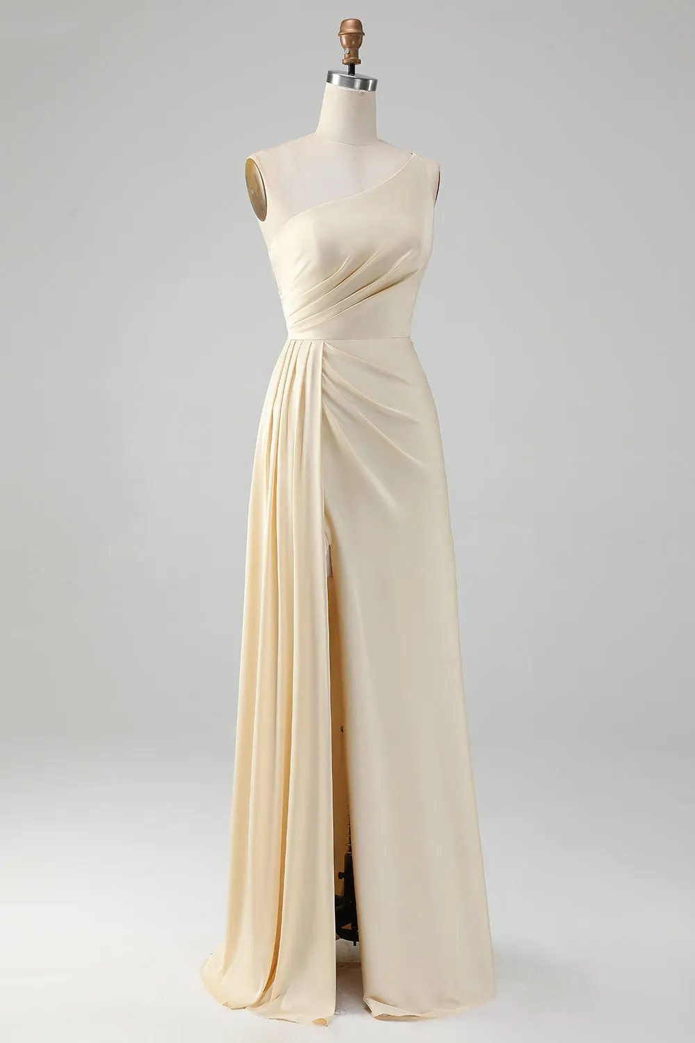 Champagne One Shoulder Sheath Long Bridesmaid Dress With Slit sold by Zapaka product image thumbnail 3