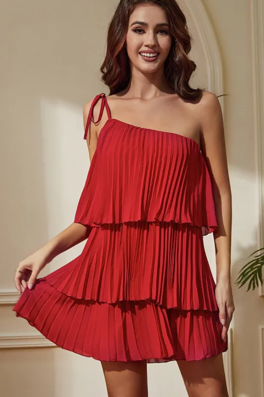 Red One Shoulder Pleated Tiered Sheath Short Party Dress sold by Zapaka