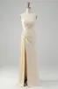 Champagne One Shoulder Sheath Long Bridesmaid Dress With Slit sold by Zapaka