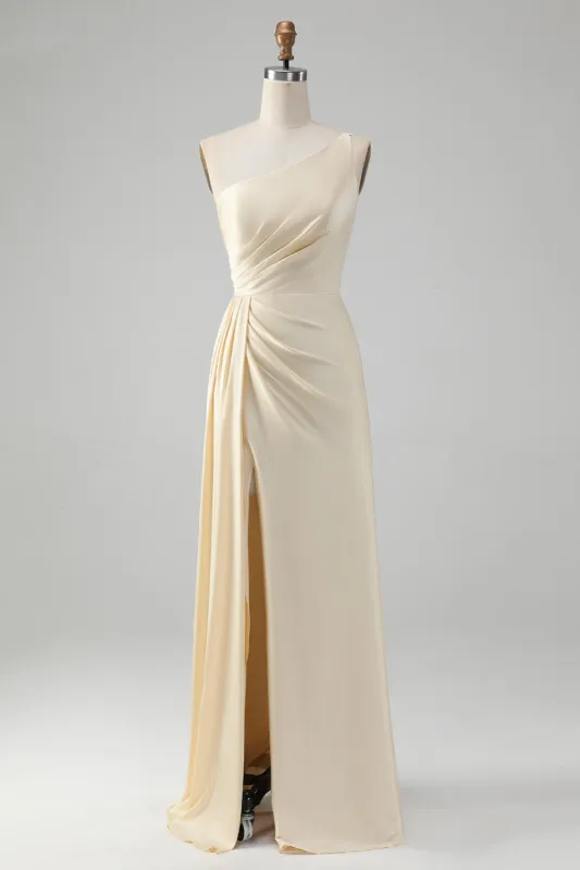 Champagne One Shoulder Sheath Long Bridesmaid Dress With Slit sold by Zapaka
