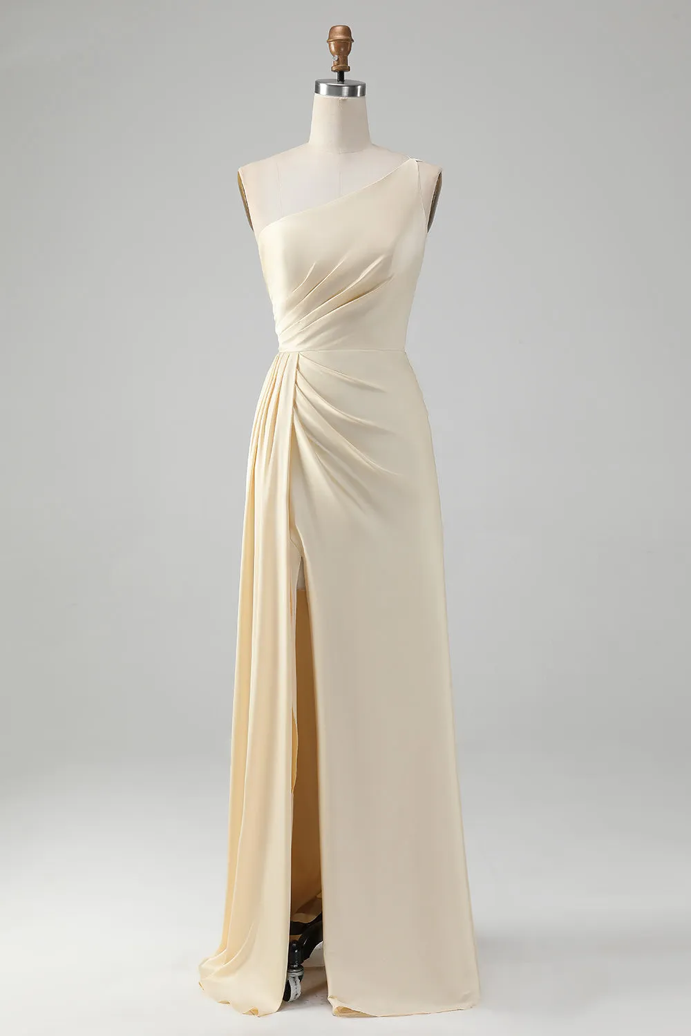 Champagne One Shoulder Sheath Long Bridesmaid Dress With Slit sold by Zapaka