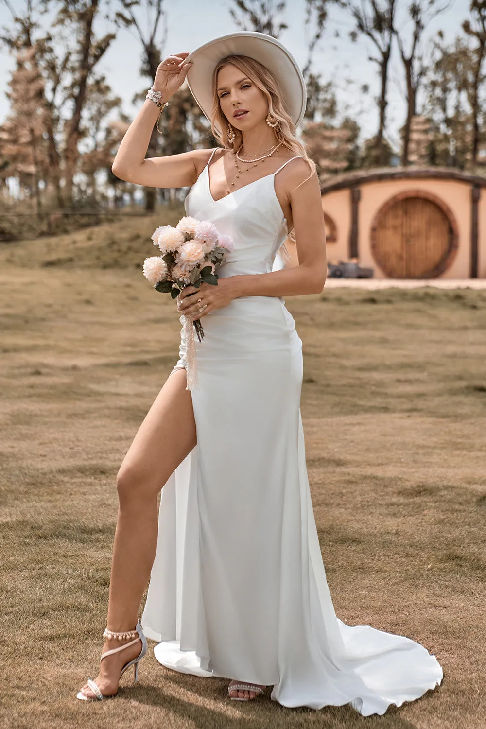 Ivory Boho Satin Simple Mermaid Wedding Dress with Slit sold by Zapaka product image thumbnail 5