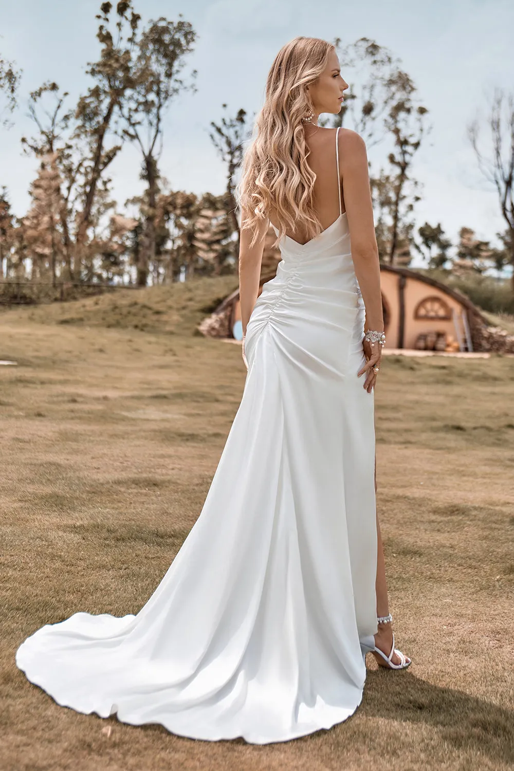 Ivory Boho Satin Simple Mermaid Wedding Dress with Slit sold by Zapaka product image thumbnail 2