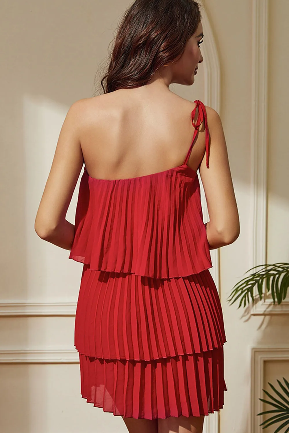 Red One Shoulder Pleated Tiered Sheath Short Party Dress sold by Zapaka product image thumbnail 2
