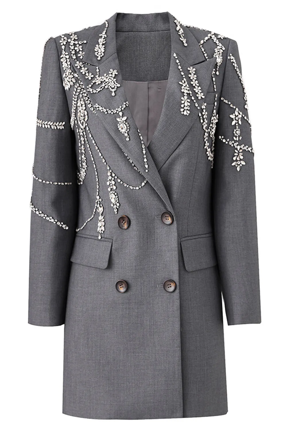 Sparkly Grey Peak Lapel Beaded Double-Breasted Blazer Dress sold by Zapaka
