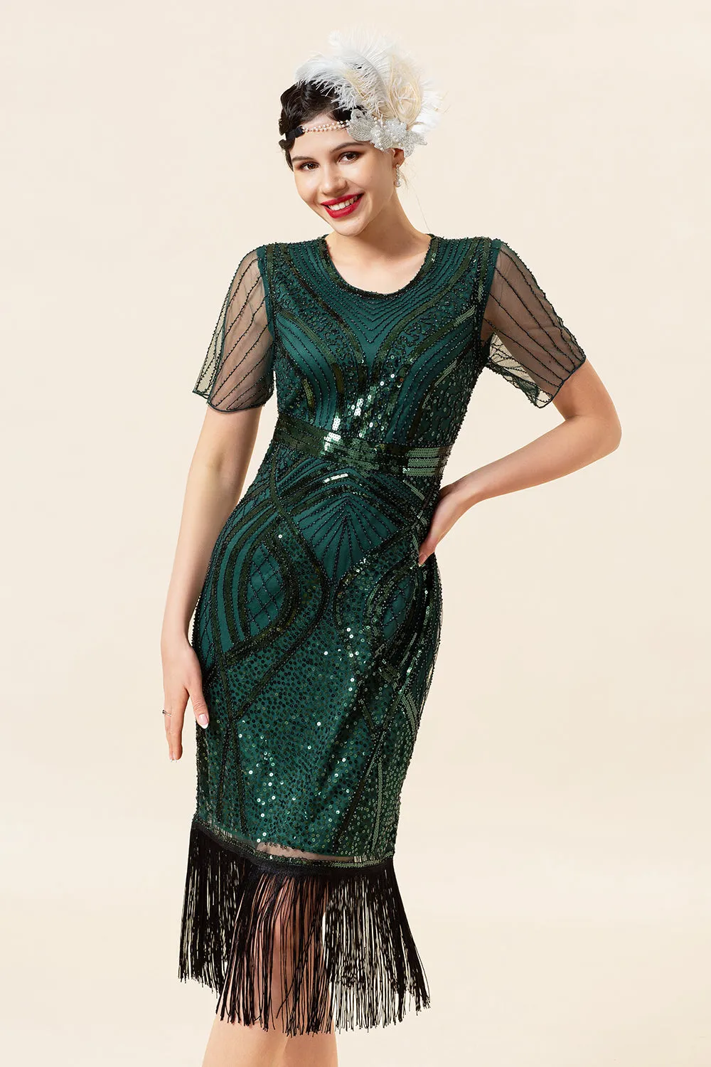 Dark Green Short Sleeves Sequined Fringes 1920s Gatsby Flapper Dress with 20s Accessories Set sold by Zapaka product image thumbnail 5